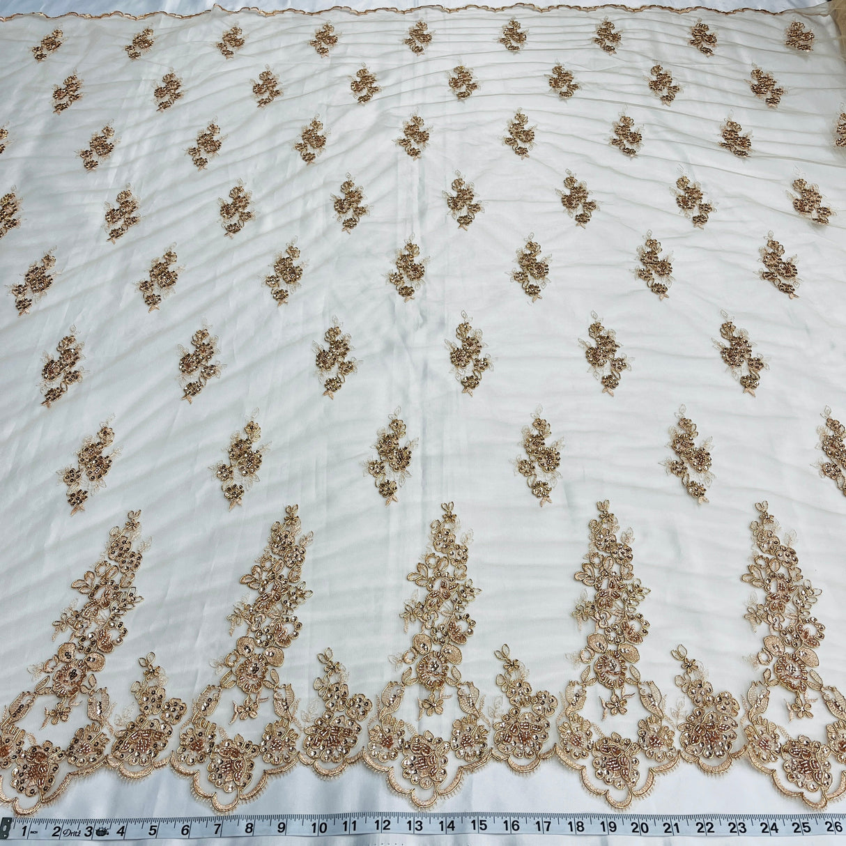 Beaded Corded Floral Bridal Lace Fabric - White, Scalloped Border, 54" Width (1 Yard)