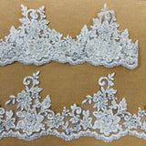 Beaded Corded Floral Lace Trimming Polyester Fabric - Embroidered Net Mesh, 6" Width (1 Yard)