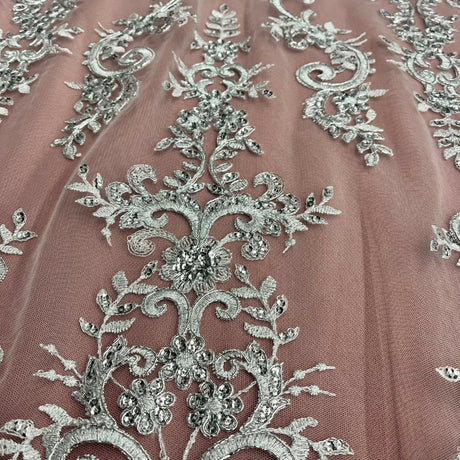 Beaded Corded Bridal Lace Fabric on Polyester Net Mesh