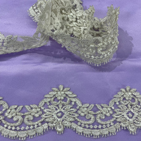 Beaded & Corded Lace Trimming Embroidered On 100% Polyester Net Mesh Fabric - White, Ivory, White/Silver, Ivory/Silver, 3" Width (1 Yard)