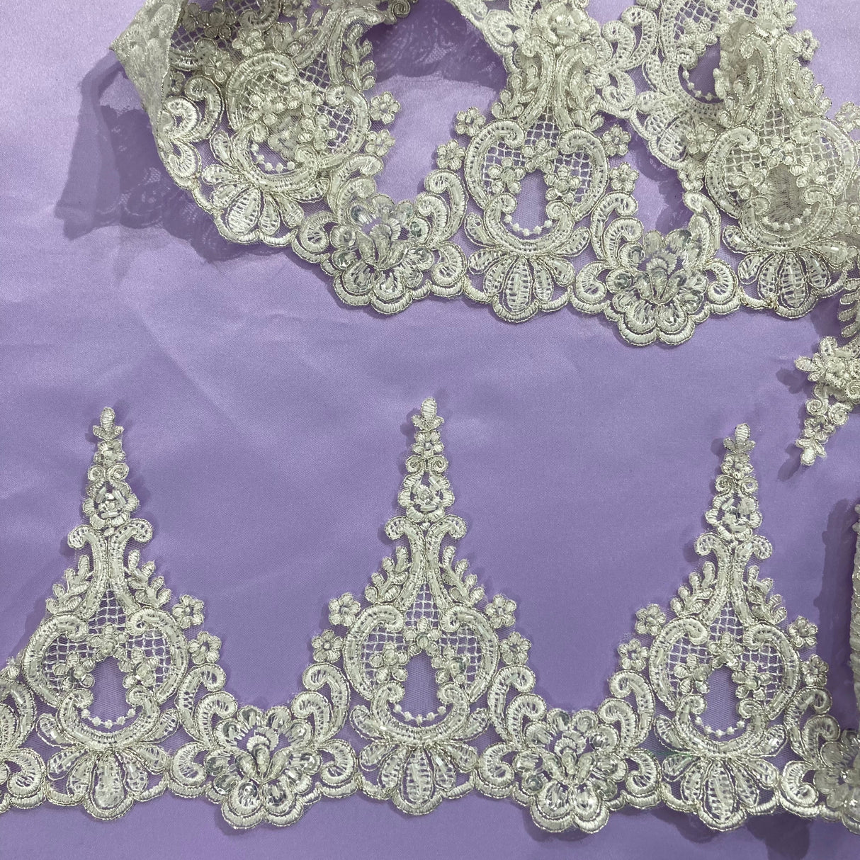 Beaded Corded Lace Trim 6" Ivory Silver