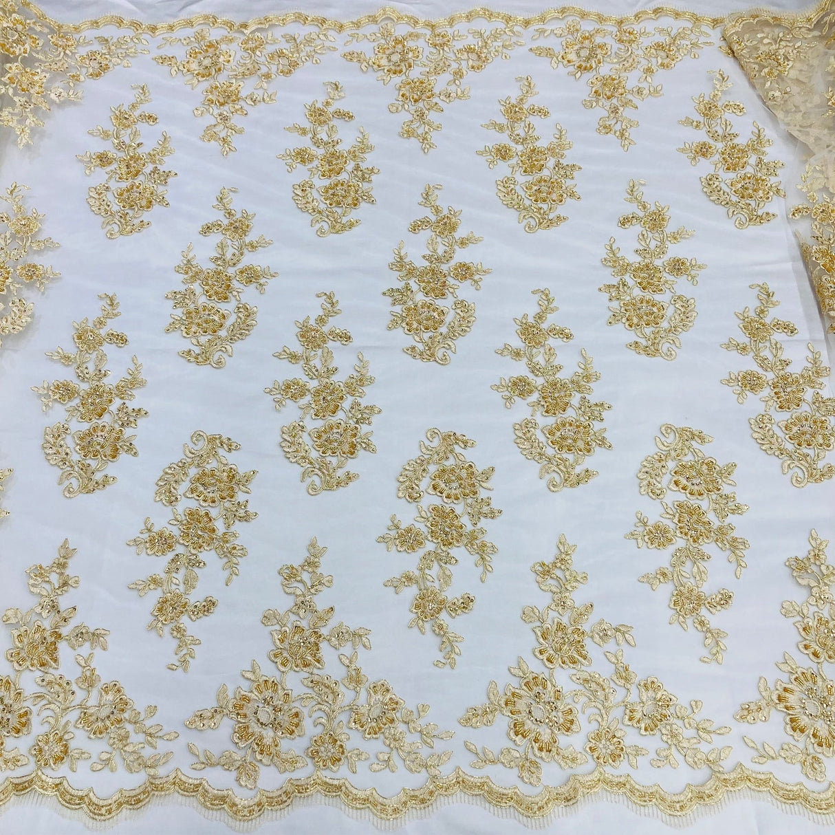 1 Yard Exquisite White Hand-Beaded Corded Bridal Lace Fabric on Net Mesh 51 inch Width