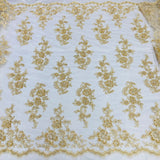 1 Yard Exquisite White Hand-Beaded Corded Bridal Lace Fabric on Net Mesh 51 inch Width