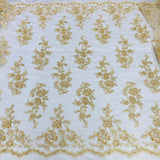 1 Yard Exquisite Beaded and Corded Bridal Lace Fabric Embroidered on 100% Polyester Net Mesh White