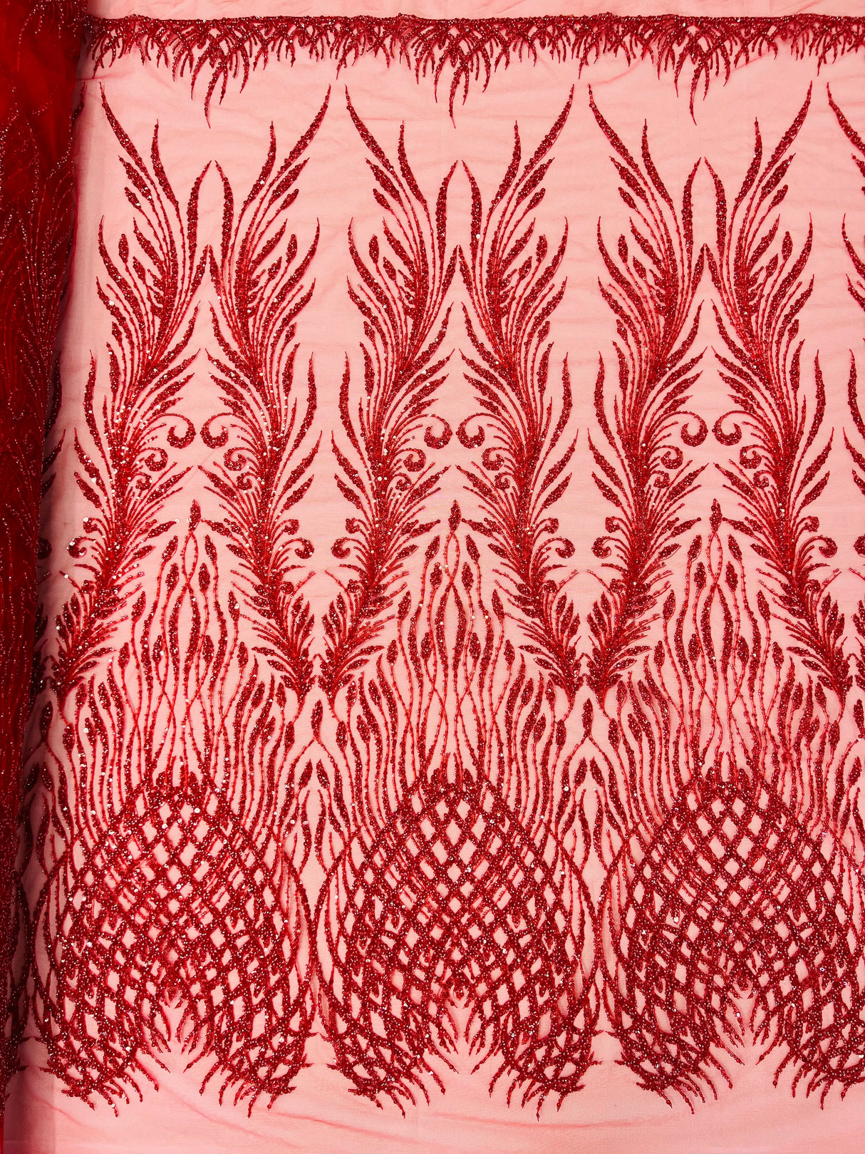Wing Feather Damask Beaded Lace Fabric - Feather Damask, Beaded Mesh Lace, 50-54" Width (1 Yard)