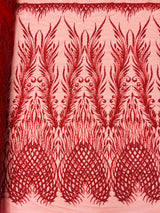 Wing Feather Damask Beaded Lace Fabric - Feather Damask, Beaded Mesh Lace, 50-54" Width (1 Yard)
