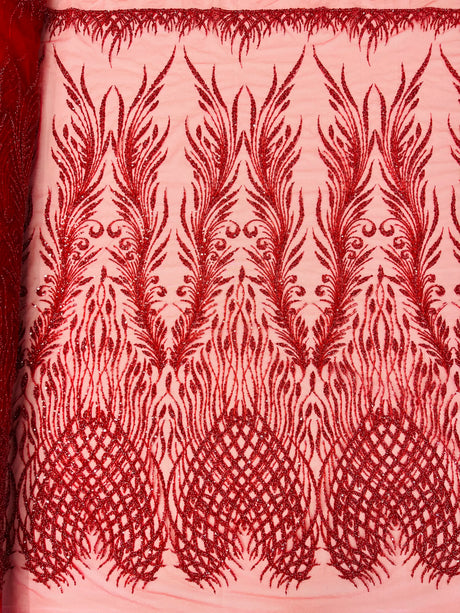 Wing Feather Damask Beaded Lace Fabric - Feather Damask, Beaded Mesh Lace, 50-54" Width (1 Yard)