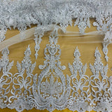 1 Yard Beaded and Corded Bridal Lace Fabric Embroidered on Polyester Net Mesh White Ivory Blush and Gold