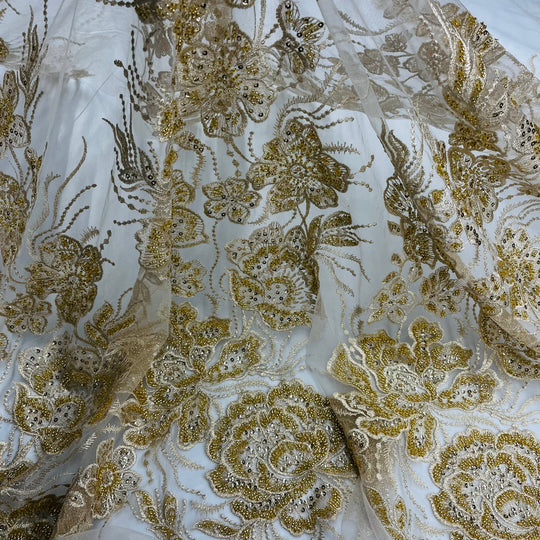 1 Yard Exquisite Beaded Lace Fabric Embroidered on Polyester Net Mesh