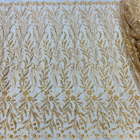 Beaded Embroidered Lace Fabric on Net Mesh
