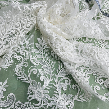 1 Yard Elegant Corded Embroidered Bridal Lace Fabric for Occasion White