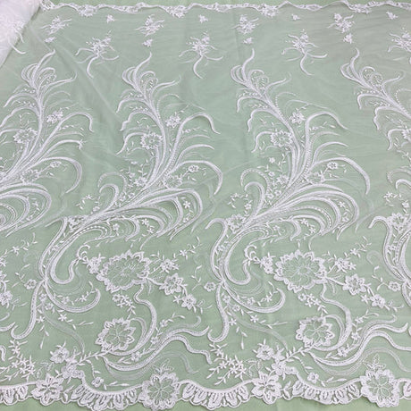 1 Yard Elegant Corded Bridal Lace Fabric Embroidered on 100% Polyester Net Mesh – Silver – 54"
