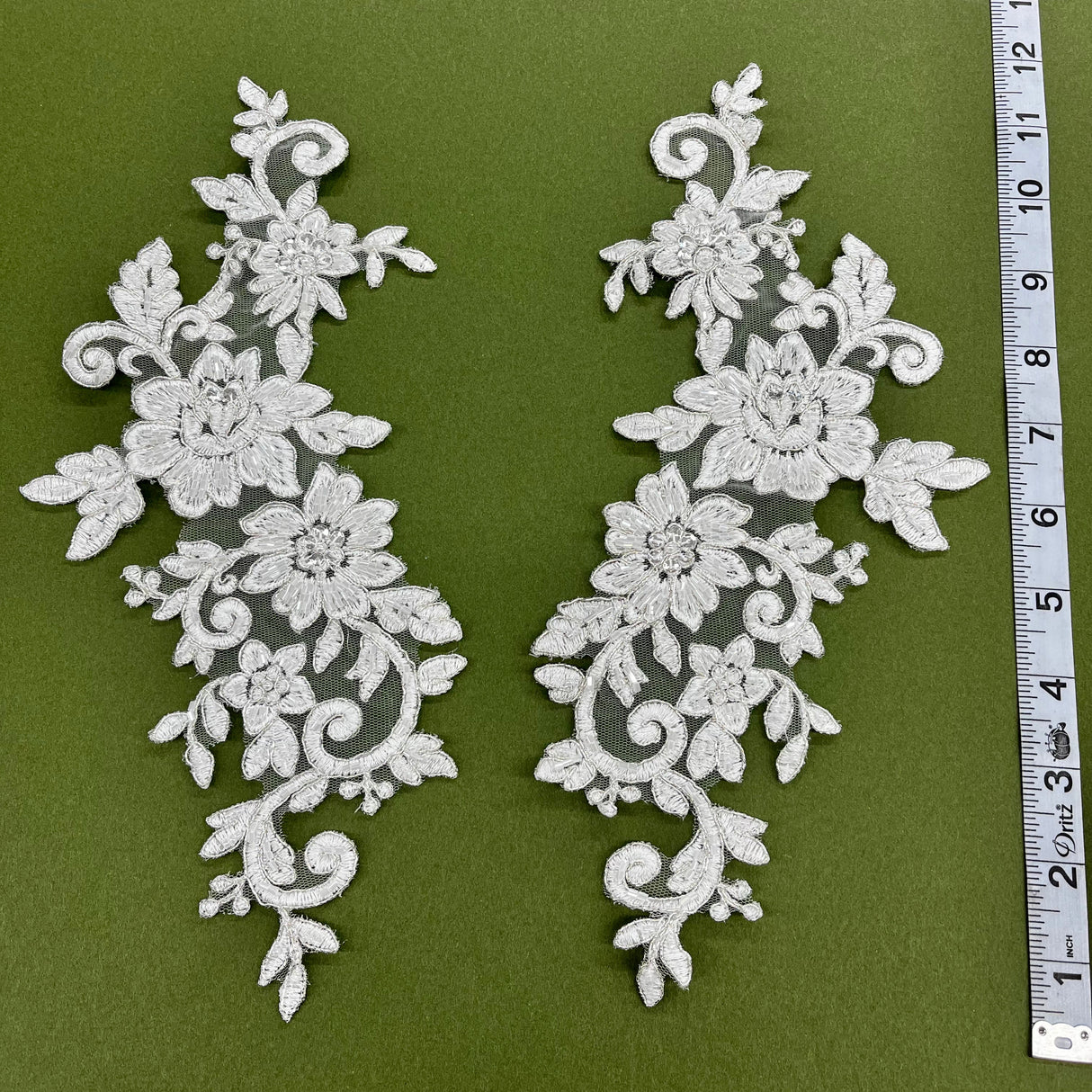 Beaded Corded Floral Lace Applique on Polyester Net Mesh