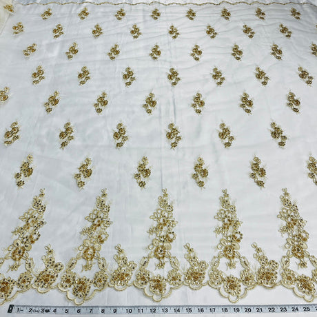 1 Yard Beaded and Corded Bridal Lace Fabric Embroidered on Polyester Net Mesh 54 inch Width