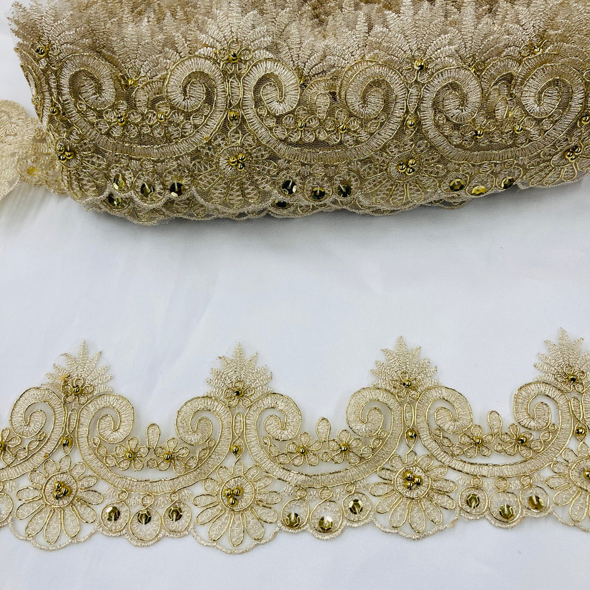 1 Yard Beaded & Corded Lace Trimming Embroidered on 100% Polyester Net Mesh 4" Wide