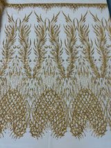 Wing Feather Damask Beaded Lace Fabric - Feather Damask, Beaded Mesh Lace, 50-54" Width (1 Yard)