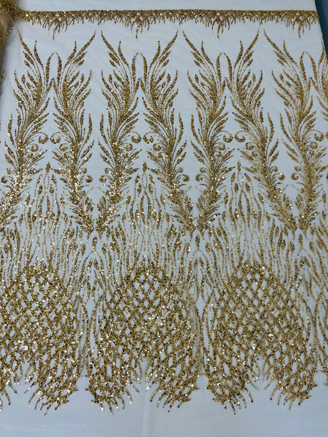 Wing Feather Damask Beaded Lace Fabric - Feather Damask, Beaded Mesh Lace, 50-54" Width (1 Yard)
