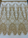 Wing Feather Damask Beaded Lace Fabric - Feather Damask, Beaded Mesh Lace, 50-54" Width (1 Yard)