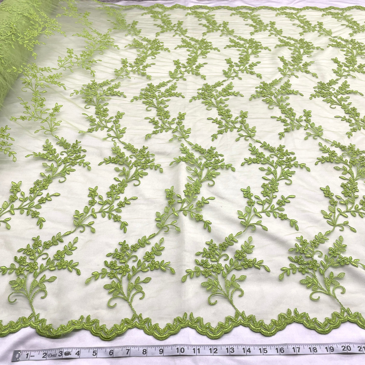 Beaded Corded Bridal Lace Fabric 52" Peach Lime Green