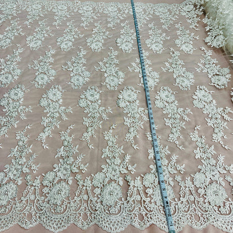 1 Yard Beaded Corded Bridal Lace Fabric Embroidered 100 Percent Polyester Net Mesh 53 inch Width