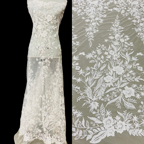 Beaded Lace Fabric Embroidered On 100 Percent Polyester Net Mesh - White, Ivory, Silver, Gold, Rose Gold, 52" Width (1 Yard)