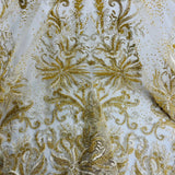 Beaded Lace Fabric Embroidered With Fuzzy Thread on 100 Percent Polyester Net Mesh - Ivory, Silver, White, Gold, 53" Width (1 Yard)