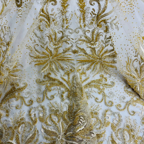 Beaded Lace Fabric Embroidered With Fuzzy Thread on 100 Percent Polyester Net Mesh - Ivory, Silver, White, Gold, 53" Width (1 Yard)