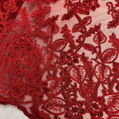 Beaded Corded Lace Fabric - Embroidered 100% Polyester Net Mesh, Navy, Black, Red, 50" Width (1 Yard)
