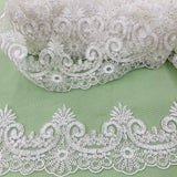 Corded Lace Trimming Embroidered On 100 Percent Polyester Net Mesh Fabric - Gold Metallic, Ivory With Silver, Ivory, Silver Metallic, White With Silver, White, 4" Width (1 Yard)