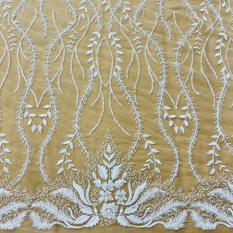 Beaded Lace Fabric - Embroidered 100 Percent Polyester Net Mesh, White, Ivory, Antique Silver, 56" Width (1 Yard)