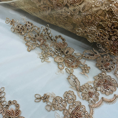 Beaded Corded Floral Lace White Mesh