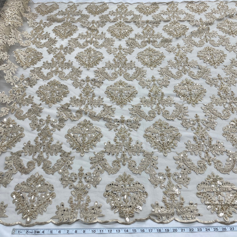Beaded Lace Fabric Embroidered On 100 Percent Polyester Net Mesh - Beaded, Sequin, And Pearl Embellishment, 56" Width (1 Yard)