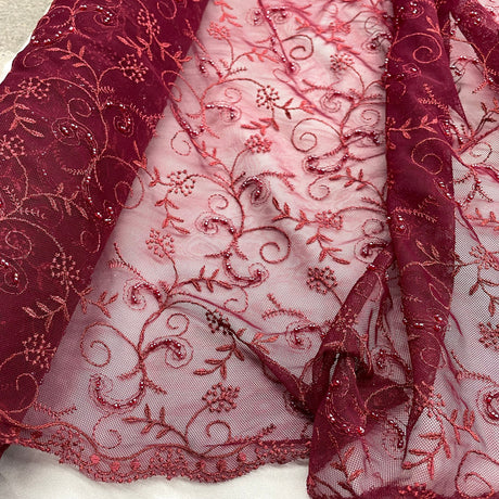 Beaded Lace Fabric Embroidered On 100 Percent Polyester Net Mesh - Red, 52" Width (1 Yard)