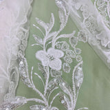 Beaded Lace Fabric Embroidered On 100 Percent Polyester Net Mesh - White, Ivory, Antique Silver, 54" Width (1 Yard)