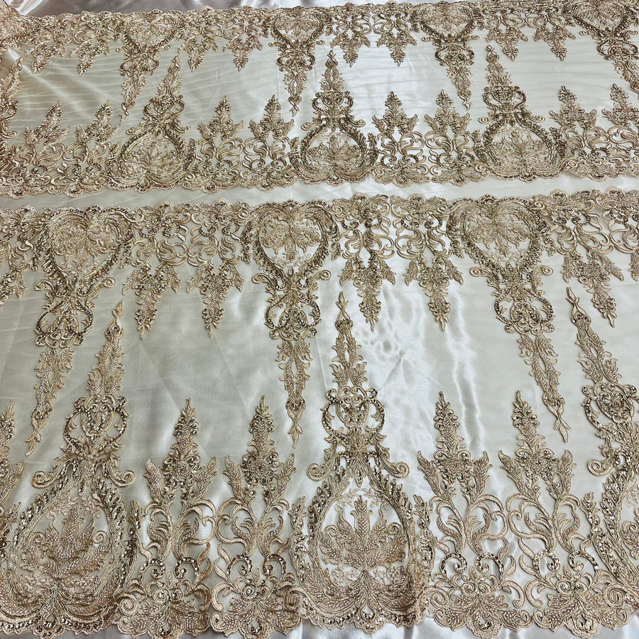 1 Yard Beaded & Corded Bridal Lace Fabric Embroidered on 100% Polyester Net Mesh | Lace USA - Ivory