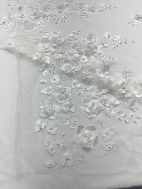 Orquidia 3D Floral Design Embroidered With Pearls Lace Fabric - 3D Floral Mesh Lace, 54" Width (1 Yard)