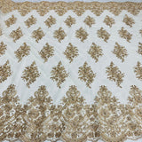 1 Yard Regal Beaded and Corded Lace Fabric with Scallops Embroidered on Polyester Net Mesh