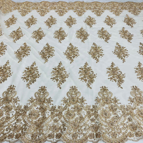 1 Yard Regal Beaded and Corded Lace Fabric with Scallops Embroidered on Polyester Net Mesh