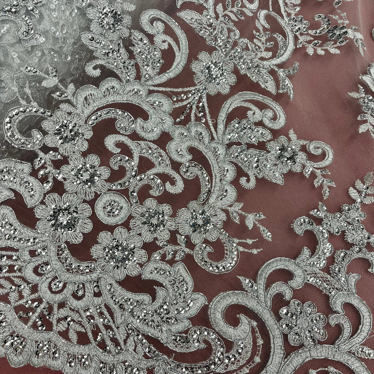 Ethereal Elegance Beaded Corded Bridal Embroidered Lace Polyester Fabric - White, Gold, Ivory, Silver, Rose Gold, 54" Width (1 Yard)