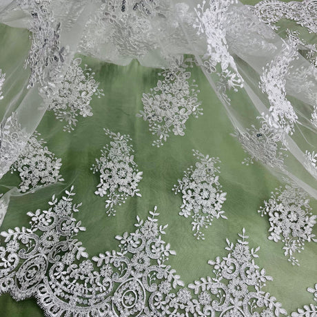 Beaded Corded Lace Fabric on Polyester Net Mesh