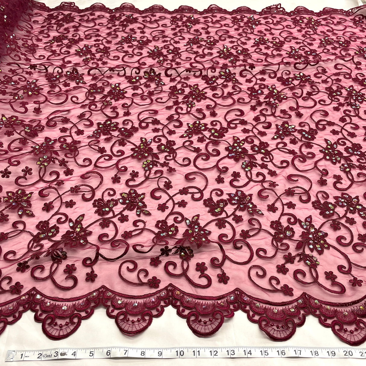 Beaded Corded Bridal Lace Wine