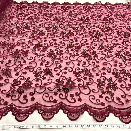 Beaded Corded Bridal Lace Wine