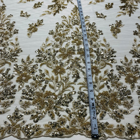 Beaded Lace Fabric Embroidered On 100 Percent Polyester Net Mesh - Gold, Silver, 52" Wide (1 Yard)