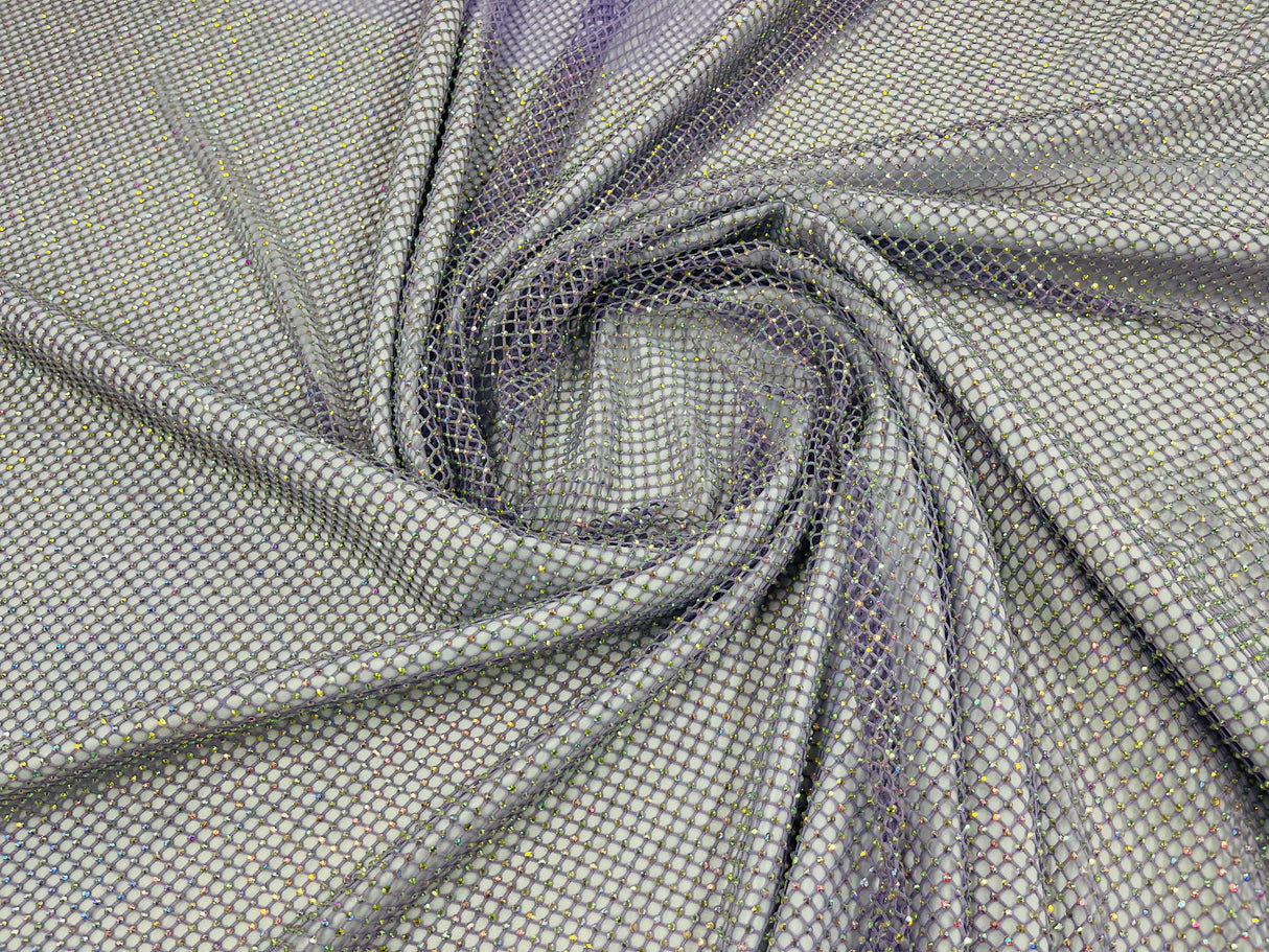 AB Rhinestones On A Fish Net Polyester Fabric - Iridescent Rhinestone Mesh, 1 Yard
