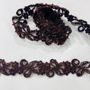 Beaded & Corded Lace Trimming Embroidered On 100 Percent Polyester Organza Fabric - Metallic Plum, 1.5" Width (1 Yard)