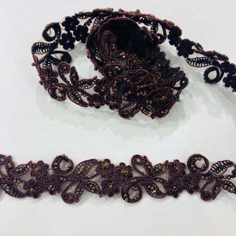 Beaded & Corded Lace Trimming Embroidered On 100 Percent Polyester Organza Fabric - Metallic Plum, 1.5" Width (1 Yard)