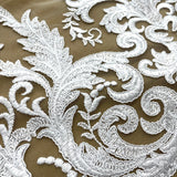 1 Yard Exquisite Corded Bridal Lace Fabric Embroidered on 100% Polyester Net Mesh White