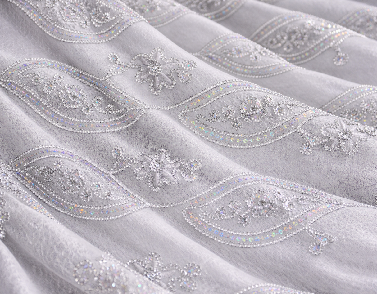 Coco Mango Polyester Fabric - Sheer Embroidery, Double Scallop Lace, Gold And Silver, 52" Width (1 Yard)