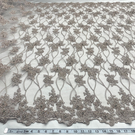 GD-381 Beaded & Corded Bridal Lace Fabric - Nude, Embroidered Net Mesh, 52" Width (1 Yard)