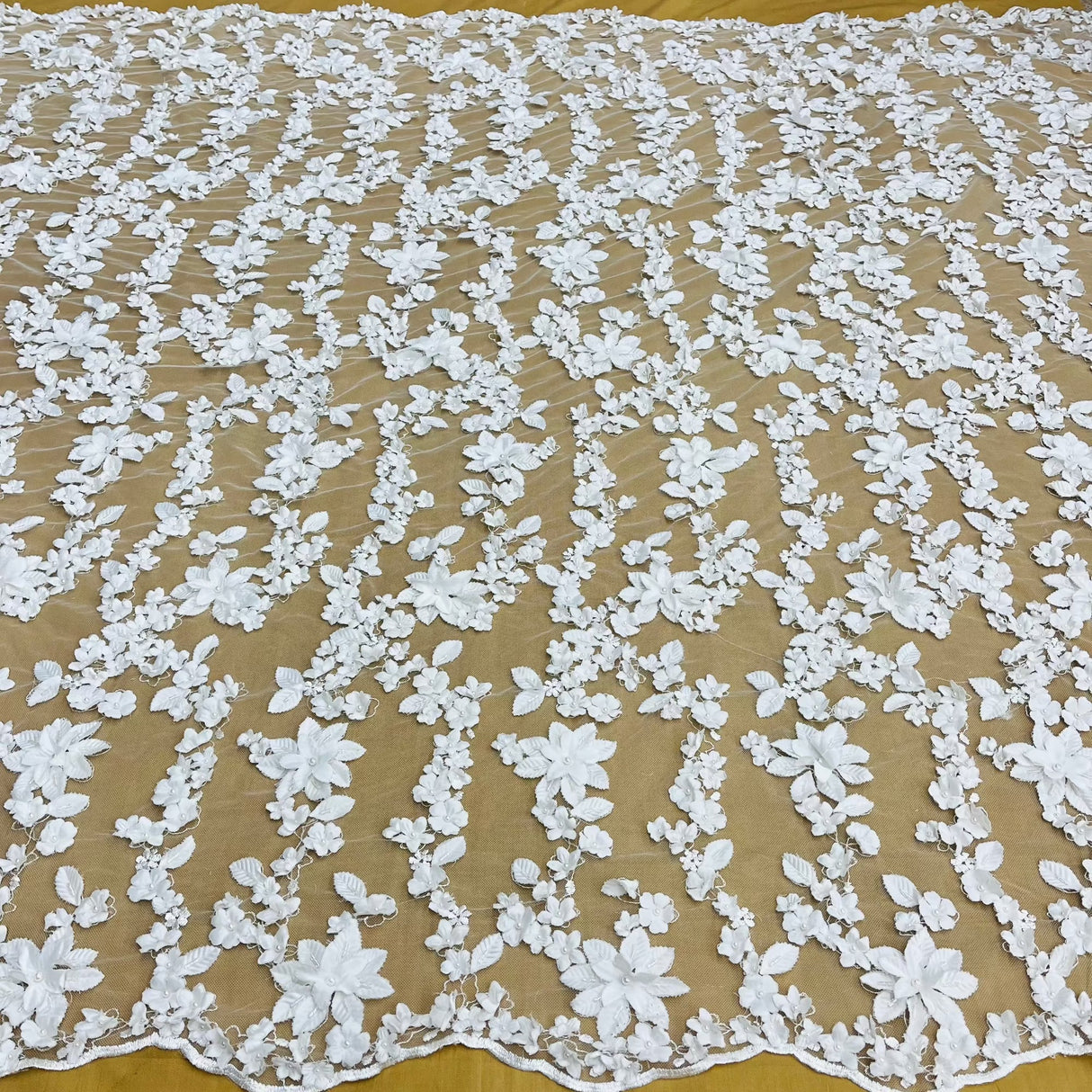 Beaded 3D Floral Lace Fabric Off White